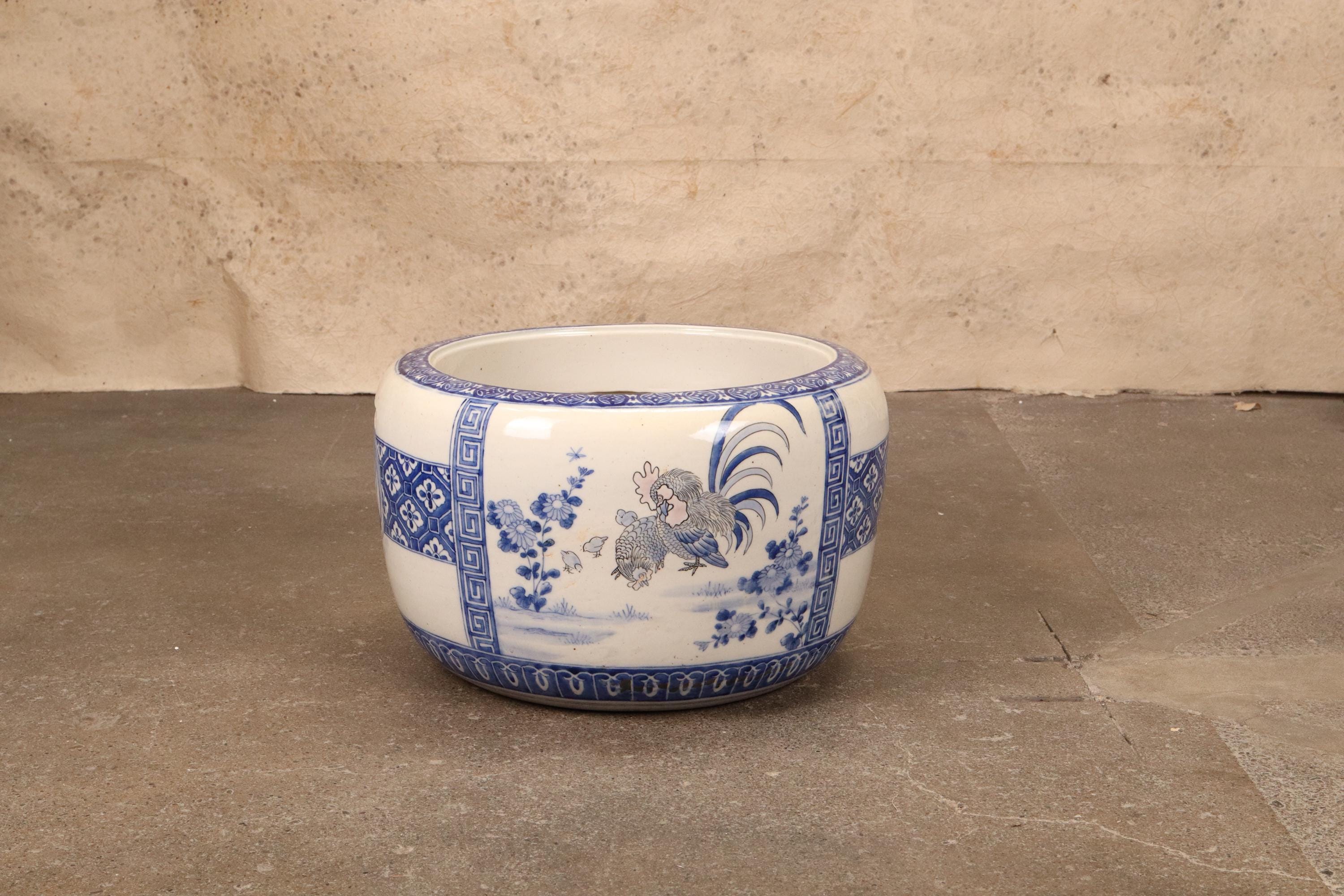 Vintage Japanese Ceramic Hibachi – Blue & White With Rooster Scene