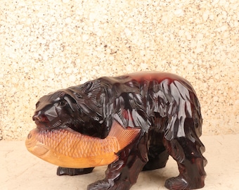 Vintage Japanese Carved Wood Ainu Bear with Salmon Figurine, Late Showa (1966-1989) | SKU: 26M-751-2