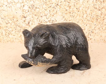 Vintage Japanese Hokkaido Kuma Ainu Bear with Salmon Wood Carving, Late Showa 1966-1989 | SKU: 26M-751-6