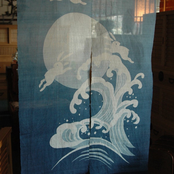 traditional linen noren, door way curtain. rabbit and full moon on wave on blue (WE05-134) 35"W x 59"L