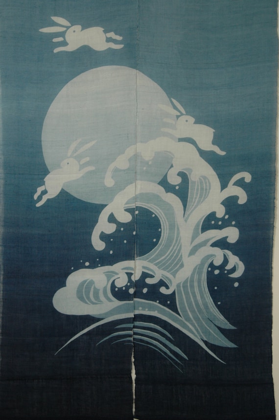 リネン製暖簾：うさぎ、月、波模様（幅35インチ×長さ59インチ） - Etsy