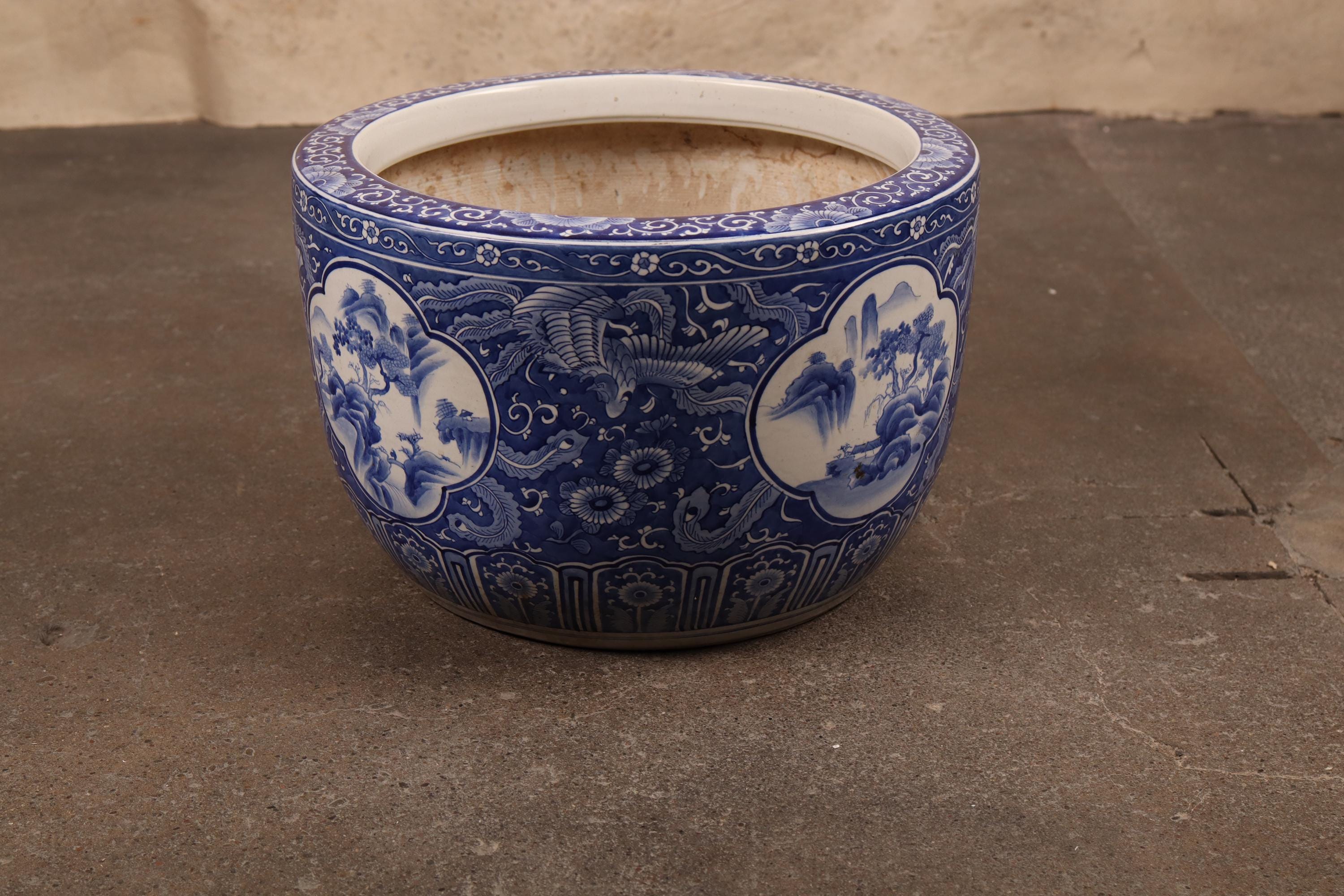 火鉢 No.1 Antique Japanese Hibachi, Blue and White Phoenix in Flight (24N