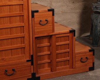 3 Section Double Sided Kiri Wood Step Chest, Japanese Style Kaidan