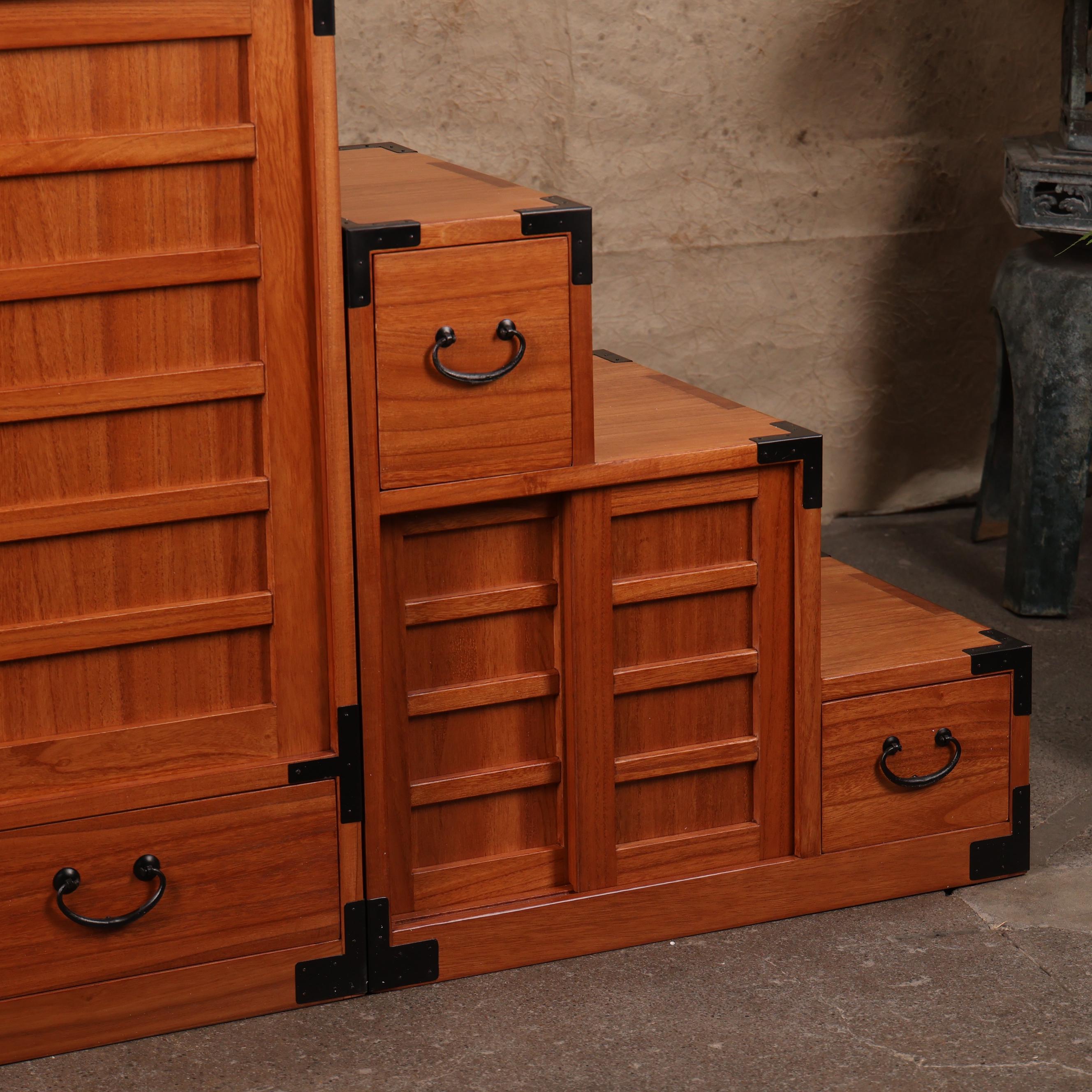 3 Section Double Sided Kiri Wood Step Chest, Japanese Style Kaidan