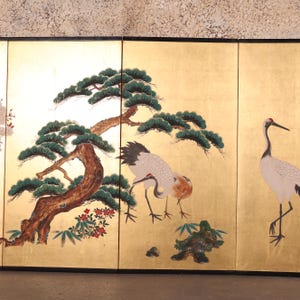 Vintage Japanese Byobu With Crane And Matsu — Paper, 1950, Showa Era (SKU: 25S-701-1)