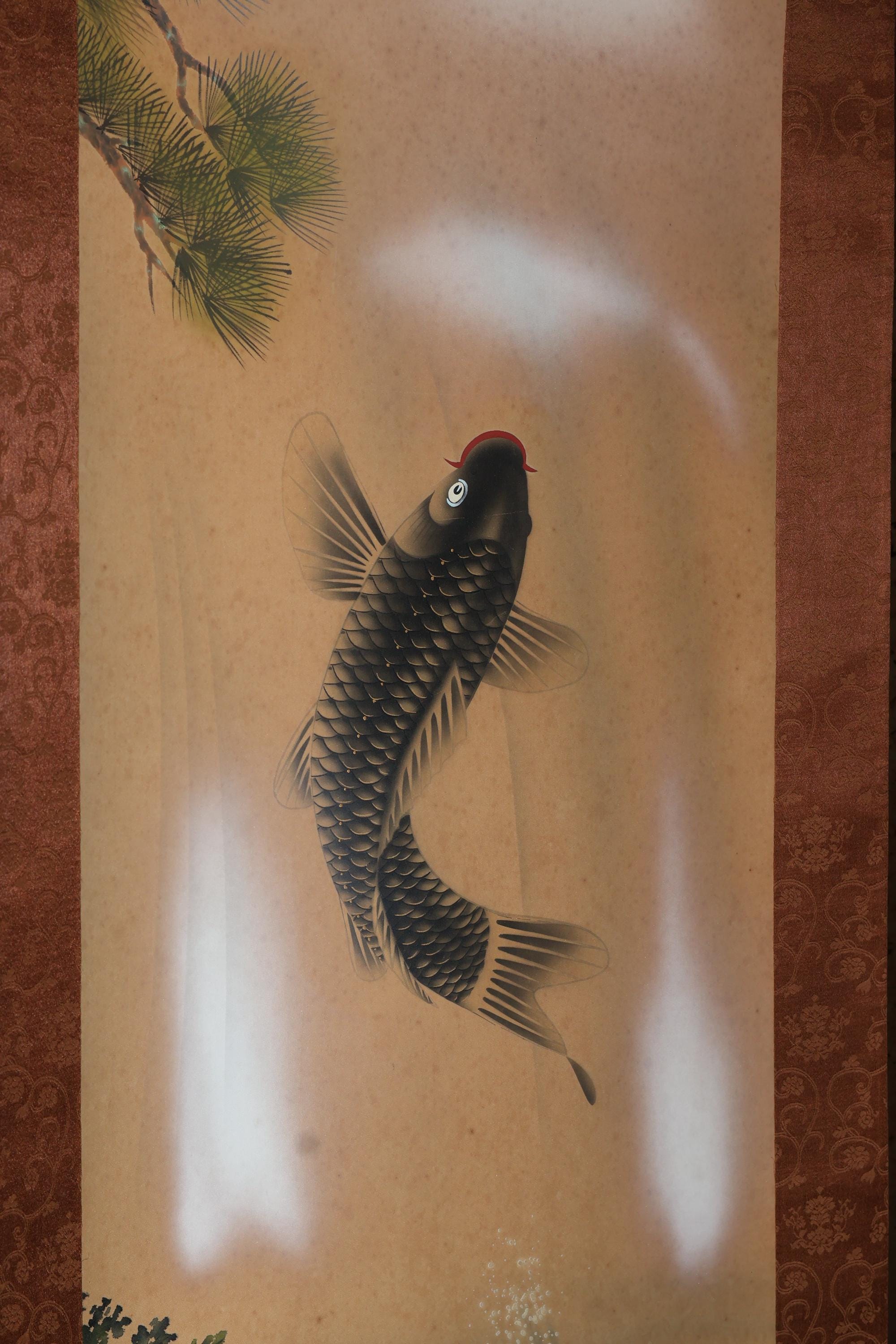 Vintage Japanese Painting, Scroll. Jumping Carp(24n-j21-6