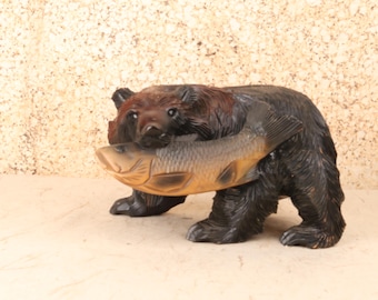 Vintage Japanese Carved Wood  Ainu Bear with Salmon Sculpture (Hokkaido Kuma Carving), Showa Era 1966-1989 | SKU: 26M-751-3