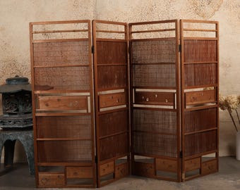 Vintage Japanese Four-Panel Folding Screen Divider with Bamboo Weave and Decorative Openwork Panels, Mid Showa (1946-1965) | SKU: 26M-740