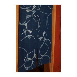 traditional linen noren, door way curtain. dragonflies on blue. (WE10-89) 35"W x 59"L