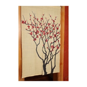 traditional linen noren, door way curtain. red plum on yellow (WE0660) 35"W x 59"L