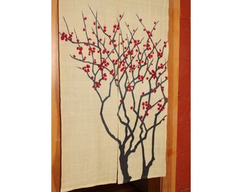 traditional linen noren, door way curtain. red plum on yellow (WE0660) 35&quot;W x 59&quot;L