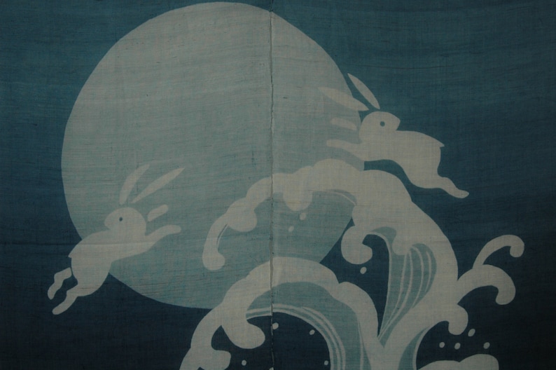 Rampant Rabbit Wave Linen Noren Doorway Curtain: Rabbit, Moon, Wave Design (35