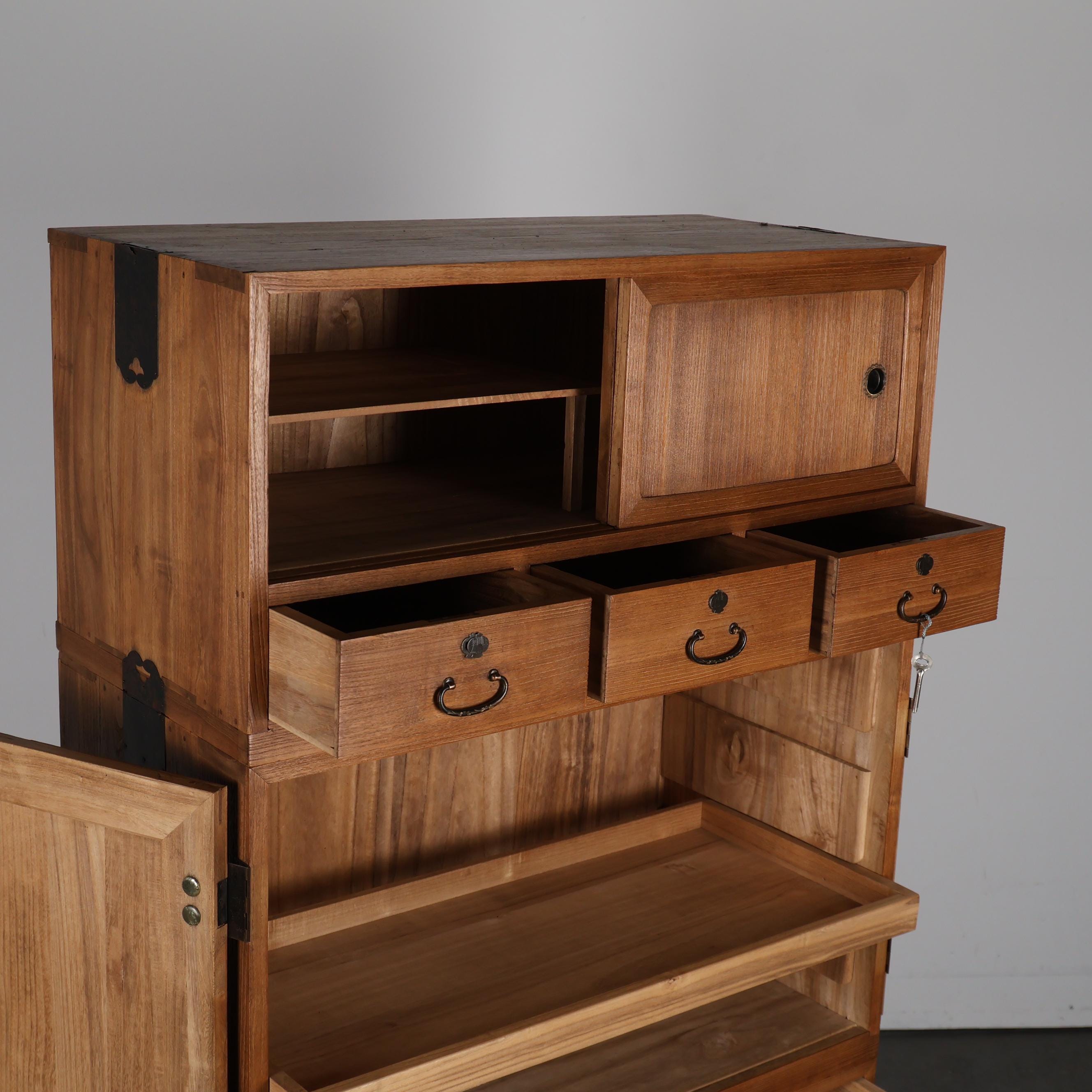 Antique Japanese Three Section Kiri Wood Kimono Tansu Chest, 1920s