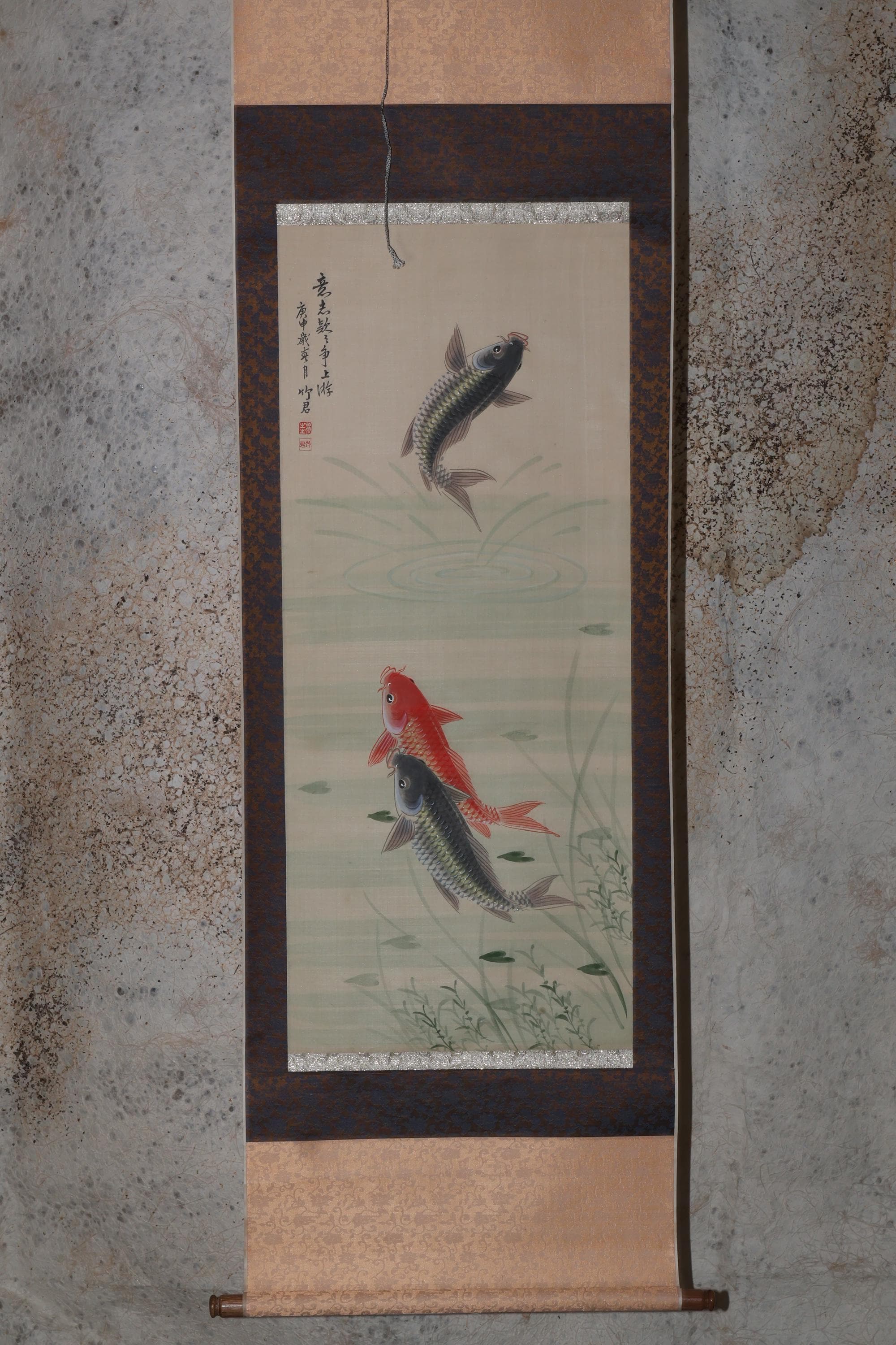 絵画 jamping Vintage Japanese Painting, Scroll. Jumping Carp(24n-j21-7