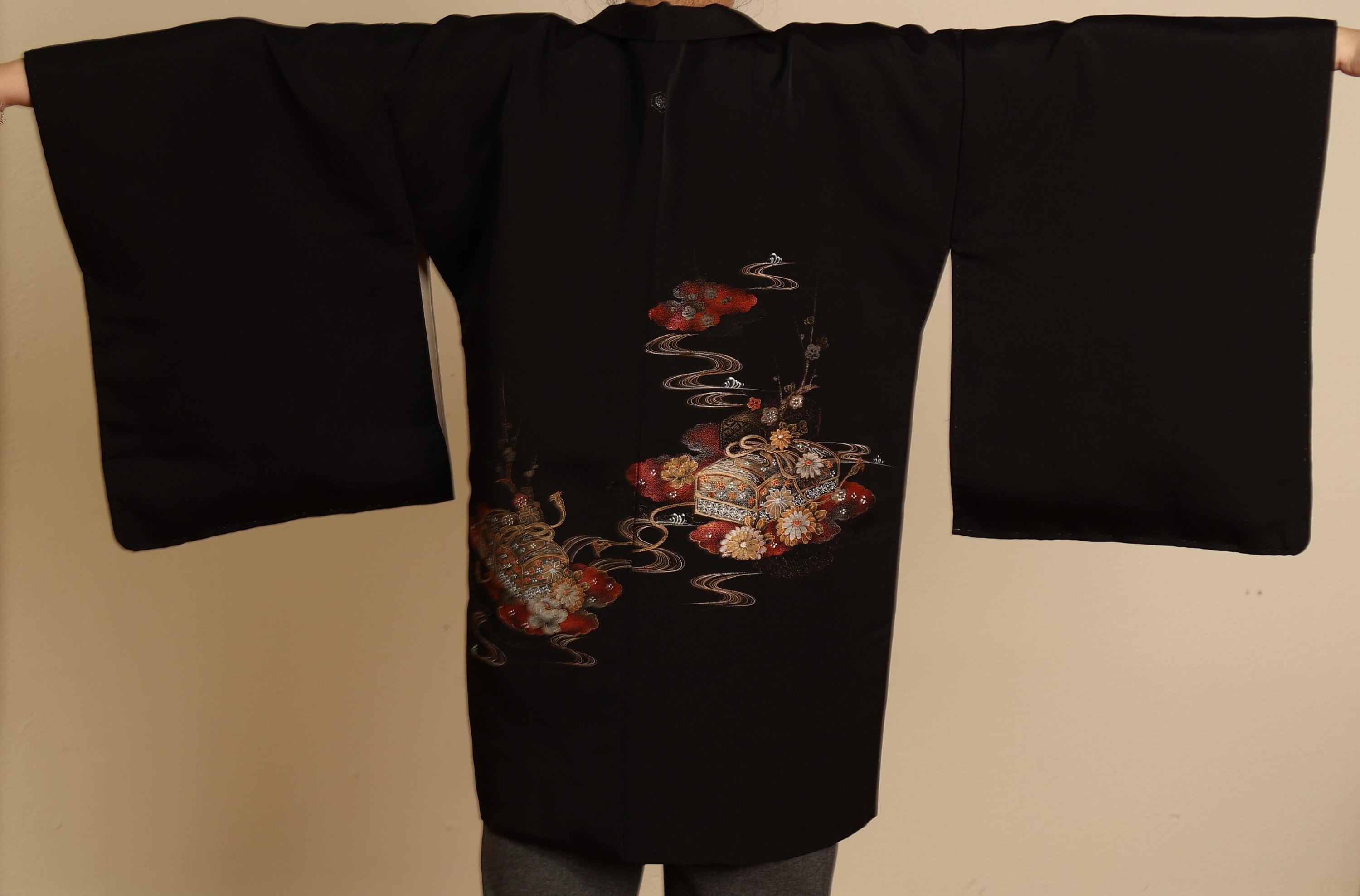 Vintage Japanese Black Silk Haori Kimono Jacket With