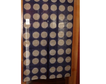 traditional linen noren, door way curtain. geometrical light pattern on blue (MG122) 35&quot;W x 59&quot;L