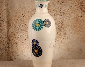 Vintage Japanese Ikebana Flower Vase With Kikku Motif, 1946 - 1965