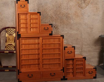 3 Section Double Sided Kiri Wood Step Chest, Japanese Style Kaidan