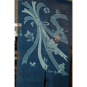 traditional linen noren, door way curtain. japanese sash on blue (WE11-32) 35&quot;W x 59&quot;L