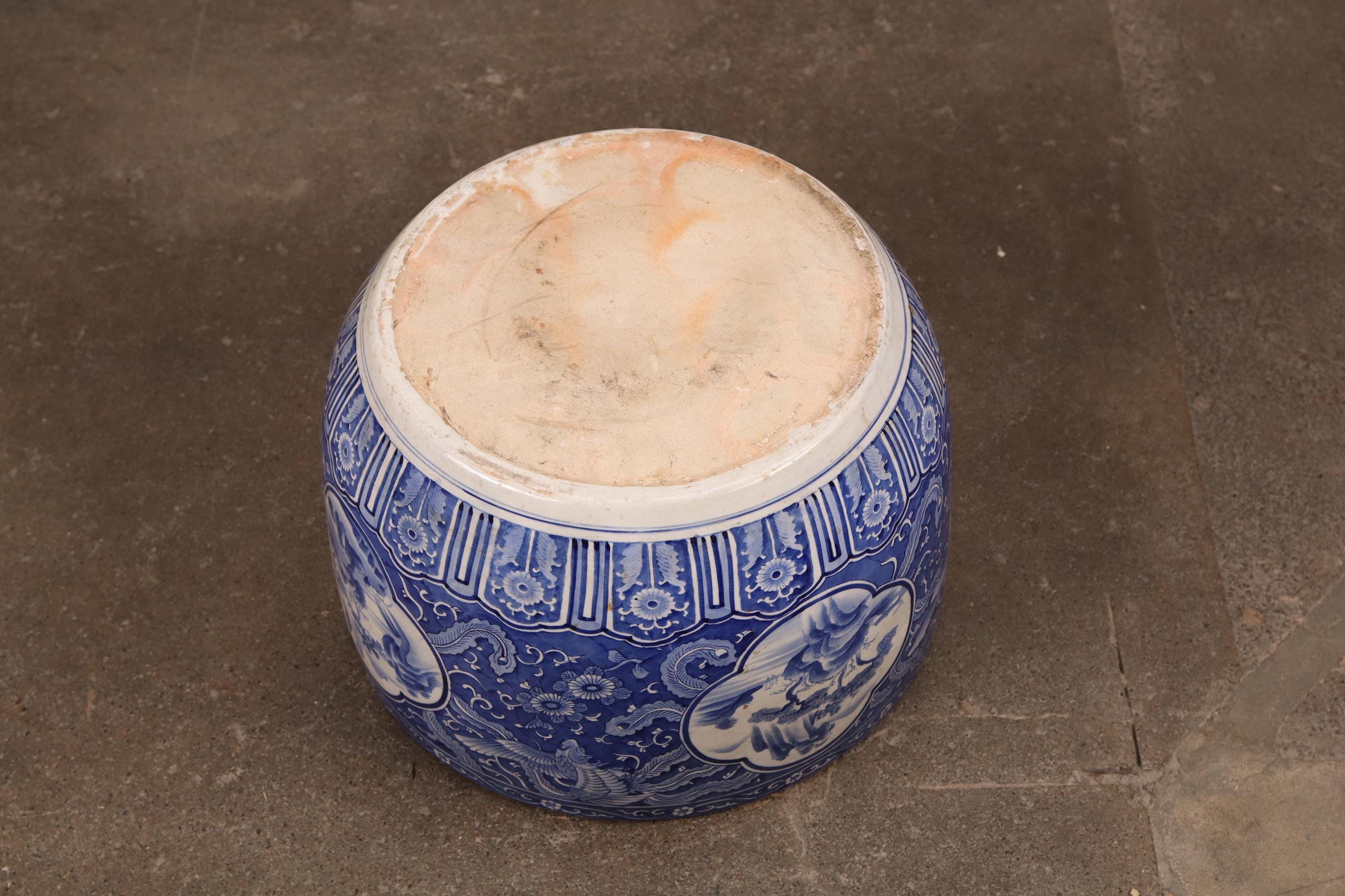 Antique Japanese Hibachi, Blue and White Phoenix in Flight (24N