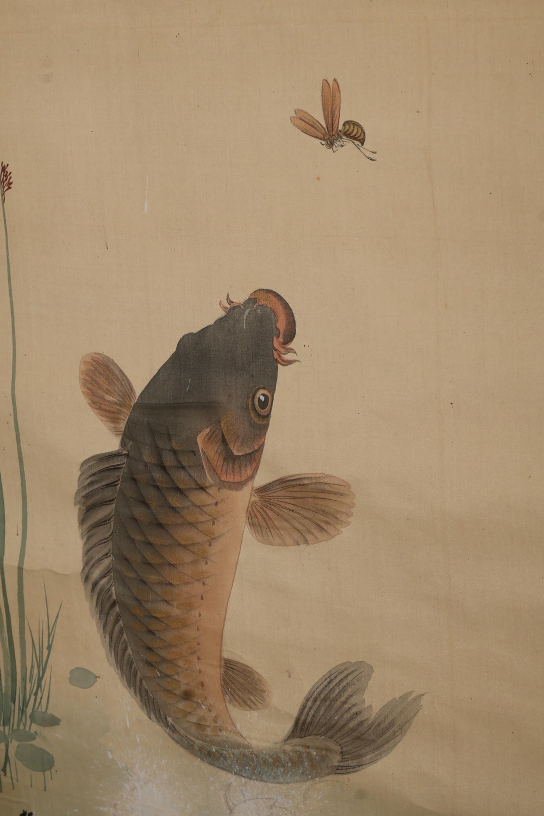 絵画 jamping Vintage Japanese Painting, Scroll. Jumping Carp(24n-j21-7