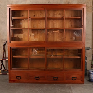 Antique Japanese Mizuya Glass Kitchen Chest — Hinoki, 1920, Taisho Era (SKU: 25M-E312)