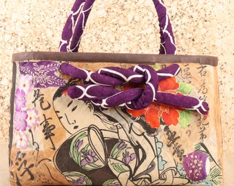 Vintage Japanese Washi Handbag with Ukiyo-e and Calligraphy Decoration, Heisei Era (1990-2018) | SKU: 26J-0715