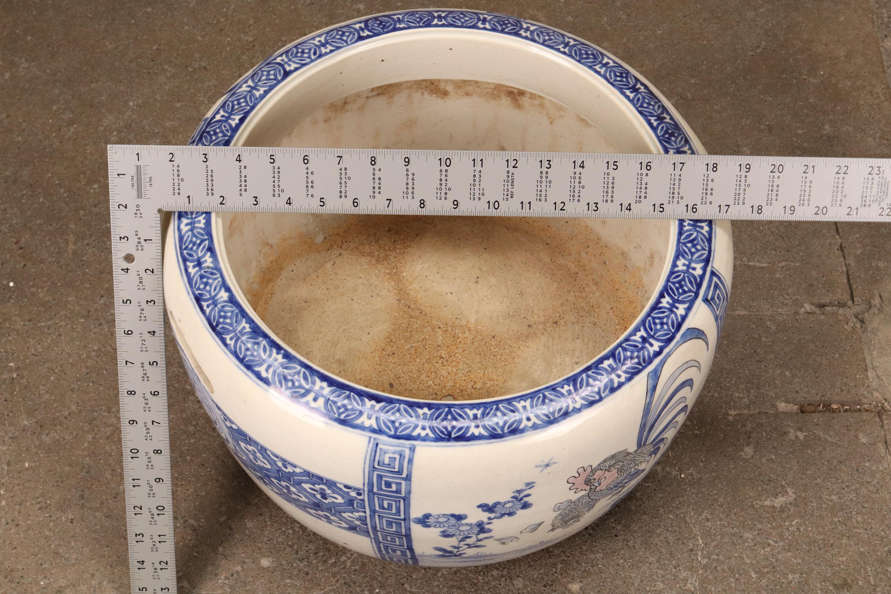 Vintage Japanese Ceramic Hibachi – Blue & White With Rooster Scene
