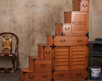 3 Section Double Sided Kiri Wood Step Chest, Japanese Style Kaidan