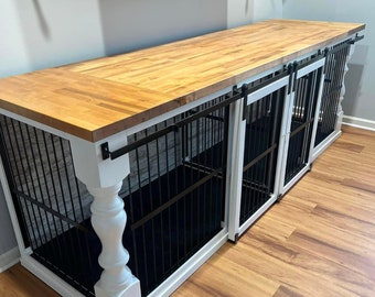 Best pillar crates on the market! Double dog crate furniture with sliding doors,  decorative pillars, and butcher block! Read details on why