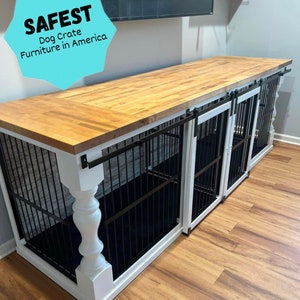 Best pillar crates on the market! Double dog crate furniture with sliding doors,  decorative pillars, and butcher block! Read details on why