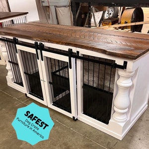 Best pillar crates on the market! Double dog crate furniture with sliding doors,  decorative pillars, and BARNWOOD top! Read details on why