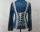 Denim Jacket Lace Up Corset Back Upcycled Restyled Festival Clothing Boho Bohemian Jean Jacket Embellished Decorated Vintage Denim