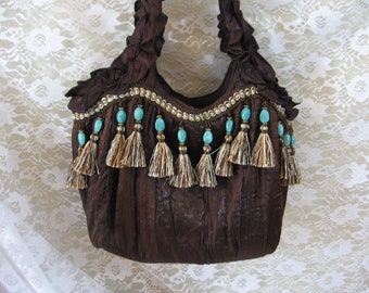 Fringed Boho Bag Dark Brown Bag with Tassle Fringe, Hippie Bohemian Boho Clothing, OOAK Upcycled, EcoFriendly
