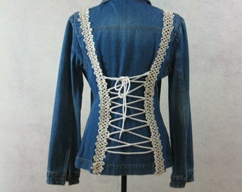 Denim Jacket Lace Up Corset Back Upcycled Restyled Festival Clothing Boho Bohemian Jean Jacket Embellished Decorated Vintage Denim
