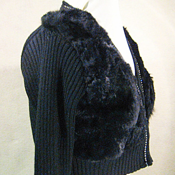 Black Rabbit Fur Cropped Sweater, Vintage Fur Sweater Jacket Coat Vintage Fall Winter Clothing Juniors SZ L Women Size 6