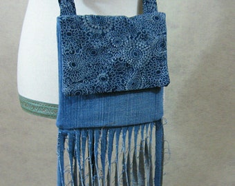 Fringed Denim Crossbody Bag Shoulder Bag, Boho Bohemian Gypsy Hippie Festival, Country Girl Chic, Upcycled Clothing Accessories Tattered