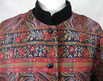 Red Black Green Gold Floral Paisley Jacket Boho Tapestry Jacket Boho Blazer Velvet Collar, Vintage Coldwater Creek Women's Jacket Streetwear