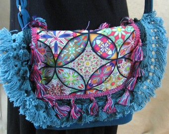 Boho Bag Handmade Music Festival Bag Tapestry Crossbody Bag Hippie Bohemian Gypsy Bag Clothing Kaleidescope Mandala Fringed OOAK Purse