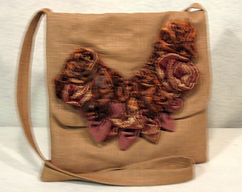 Tan Linen Crossbody Floral Bag Purse Shoulder Bag Ribbon Embroidery Sculpted Flowers Art to Wear Fall Accessories Autumn