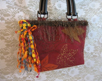 Fall Purse Fringed with Leaf Design Top Handle Purse OOAK Accessories Unique Artsy Bag, Hand Decorated Bag Autumn Fall Colors One of a Kind