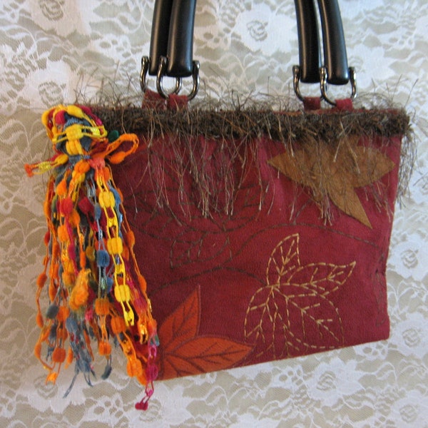 Fall Purse Fringed with Leaf Design Top Handle Purse OOAK Accessories Unique Artsy Bag, Hand Decorated Bag Autumn Fall Colors One of a Kind