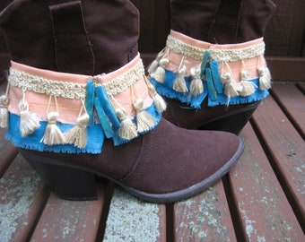 Boho Boot Cuffs, Covers, Wraps, Straps, Bohemian Hippie Gypsy Festival Country Cowgirl Boot Bling Jewelry, Turquoise and Peach