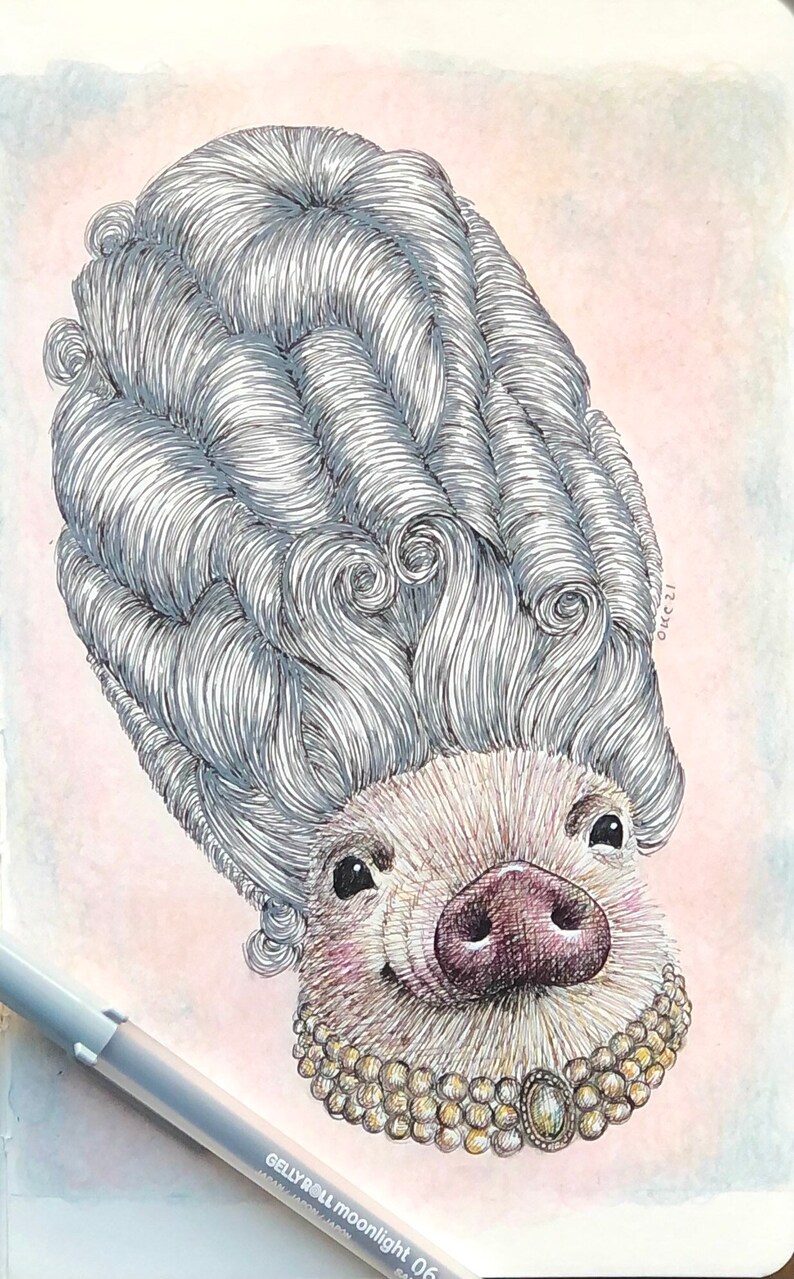 May include: A hand-drawn illustration of a pig wearing a large, elaborate, gray wig and a gold necklace with a large, oval-shaped gemstone. The pig has a pink snout and small, black eyes.