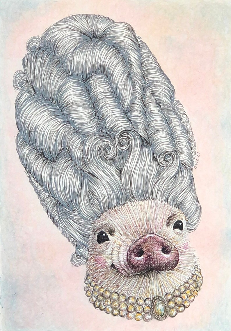 May include: A hand-drawn illustration of a pig wearing a large, elaborate wig and a pearl necklace with a large gemstone pendant. The pig has a pink snout and is looking directly at the viewer.