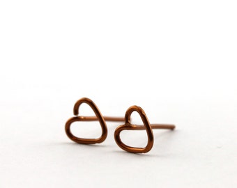 Tiny heart stud earrings Copper wire heart earrings Wire wrap studs Minimalist everyday earrings Wire work design Copper anniversary gift