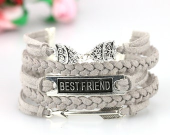 Best friend Owl Arrow charm bracelet Heather gray suede cord Bestie gift Two little owls charm Best friend birthday gift Bff jewelry for her