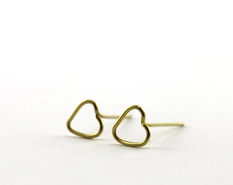 Brass heart studs Dangle metalwork earrings Brass wire wrapped earrings Small heart studs Brass anniversary gift for wife Stocking stuffer