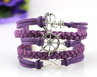Anchor Wheel Infinity charm bracelet Purple suede cord Fashionable women jewelry Lilac violet bracelet Gift for friend Under 10 dollars