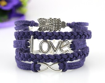 Owl Love Infinity bracelet Navy blue suede cord Christmas stocking filler Animal jewelry Cute Owl friendship bracelet Gift for girlfriend